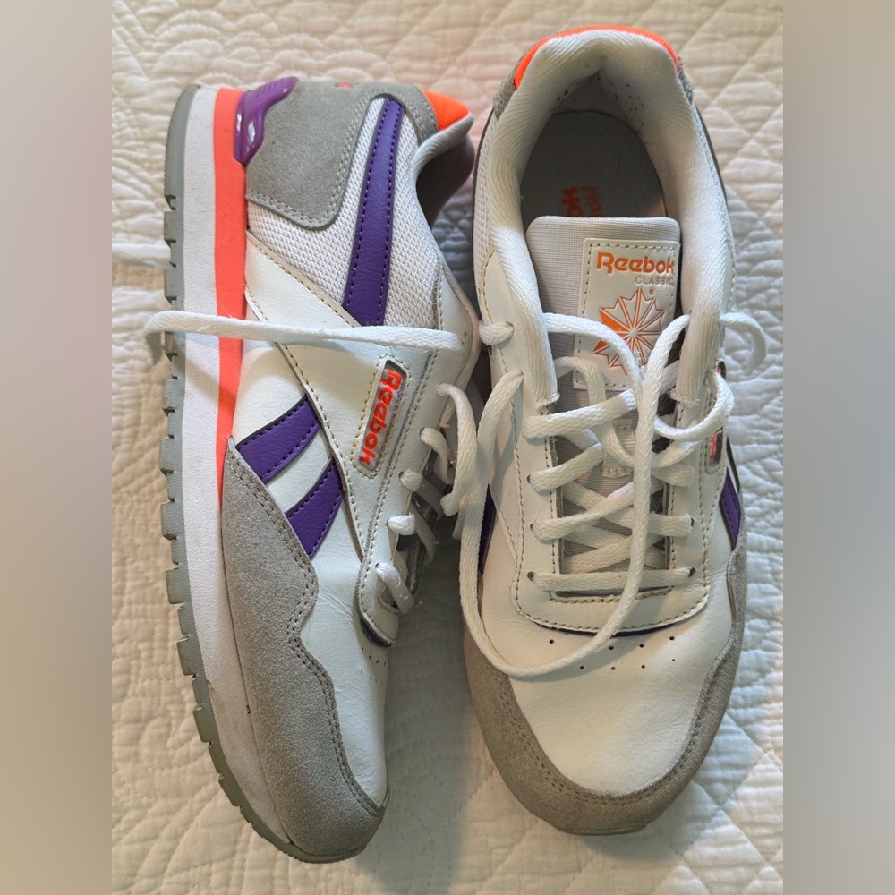 Reebok White Sneakers with Purple Stripes and Coral Accents